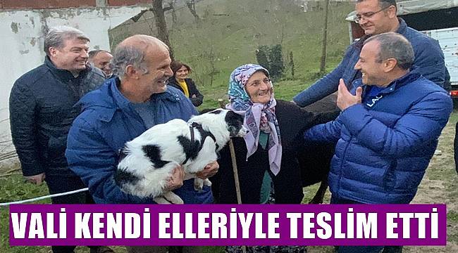 Ordu Valisi, heyelanda hayvanları telef olan aileye inek ve köpeği kendi eliyle teslim etti