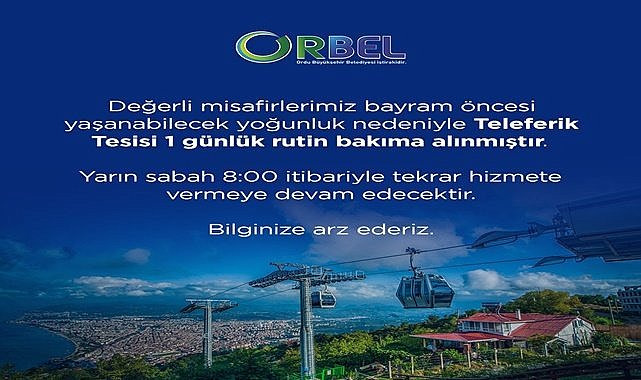 Ordu'da teleferik bakıma alındı
