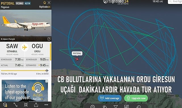 Ordu Giresun uçağı CB bulutlarına yakalandı, dakikalardır havada tur atıyor!
