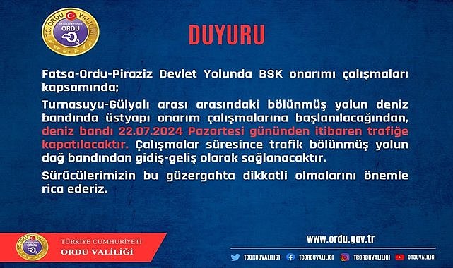 Ordu Giresun Karayolu trafiğe kapanıyor!