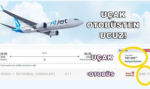 Ordu Giresun için Uçak Bilet  Fiyatı Otobüsün Altına Düştü!