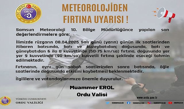 Ordu Valiliğinden Fırtına Uyarısı!