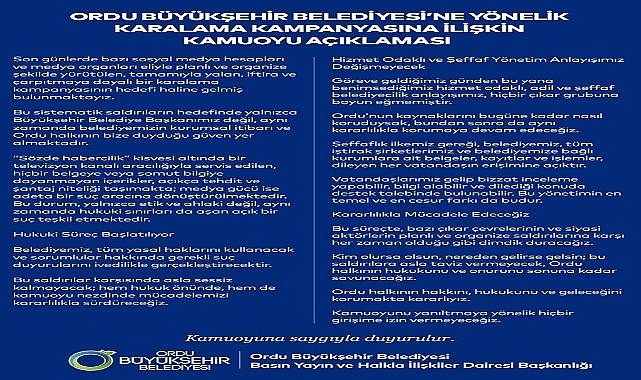 Ordu Büyükşehir Belediyesi: “Yalan ve İftiralara Karşı Hukuki Süreci Başlatıyoruz”