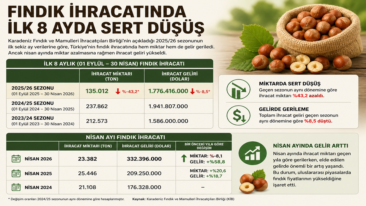Fındık ihracatında ilk 8 ayda sert düşüş