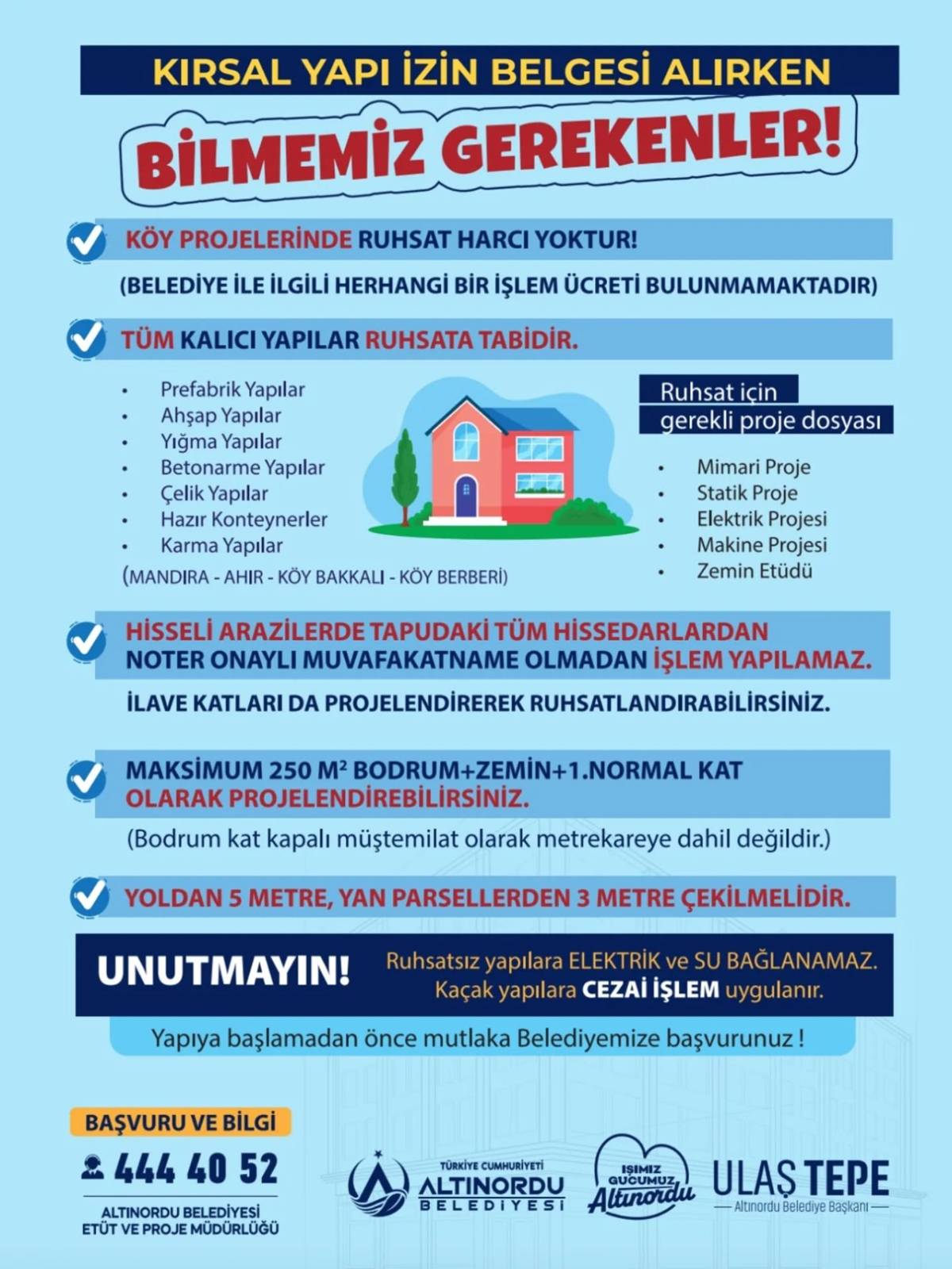 Altınordu Belediyesi’nden Kırsal Yapılara Uyarı: Ruhsatsız Yapıya Elektrik ve Su Yok