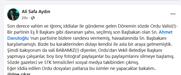Vali Tuncay Sonel'in Ordu Dosyası Patlarsa! Gelecek Parti Ordu İl Başkanın Paylaştı
